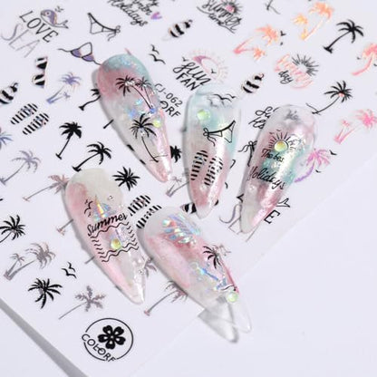 6-Pack Summer Nail Art Stickers – Palm Tree, Starfish & Tropical Coconut Tree Decals for Beach-Themed Manicure