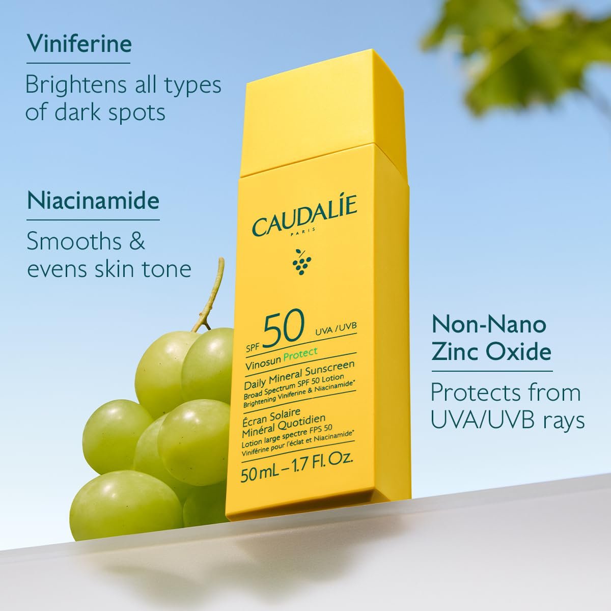 Caudalie Vinosun Protect Daily Mineral Sunscreen SPF50 - 50 mL (1.7 Fl Oz) - Face Sun Protection Avelisse