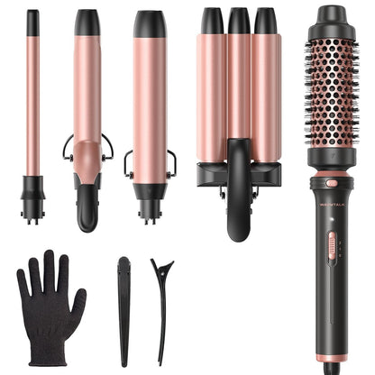 Wavytalk 5 in 1 Curling Wand Set, Dual Voltage Curling Iron with 5 Interchangeable Barrels Including Thermal Brush, Hair Crimper & Ceramic Curling Wands (0.5"-1.25"), Rose Pink Avelisse