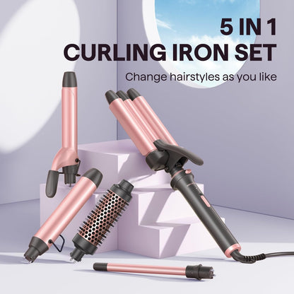 Wavytalk 5 in 1 Curling Wand Set, Dual Voltage Curling Iron with 5 Interchangeable Barrels Including Thermal Brush, Hair Crimper & Ceramic Curling Wands (0.5"-1.25"), Rose Pink Avelisse