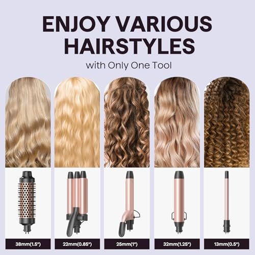 Wavytalk 5 in 1 Curling Wand Set, Dual Voltage Curling Iron with 5 Interchangeable Barrels Including Thermal Brush, Hair Crimper & Ceramic Curling Wands (0.5"-1.25"), Rose Pink Avelisse