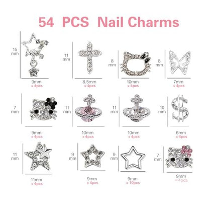 rythsans Y2K 56-Piece Silver Nail Charms - Rhinestone Nail Art Decorations