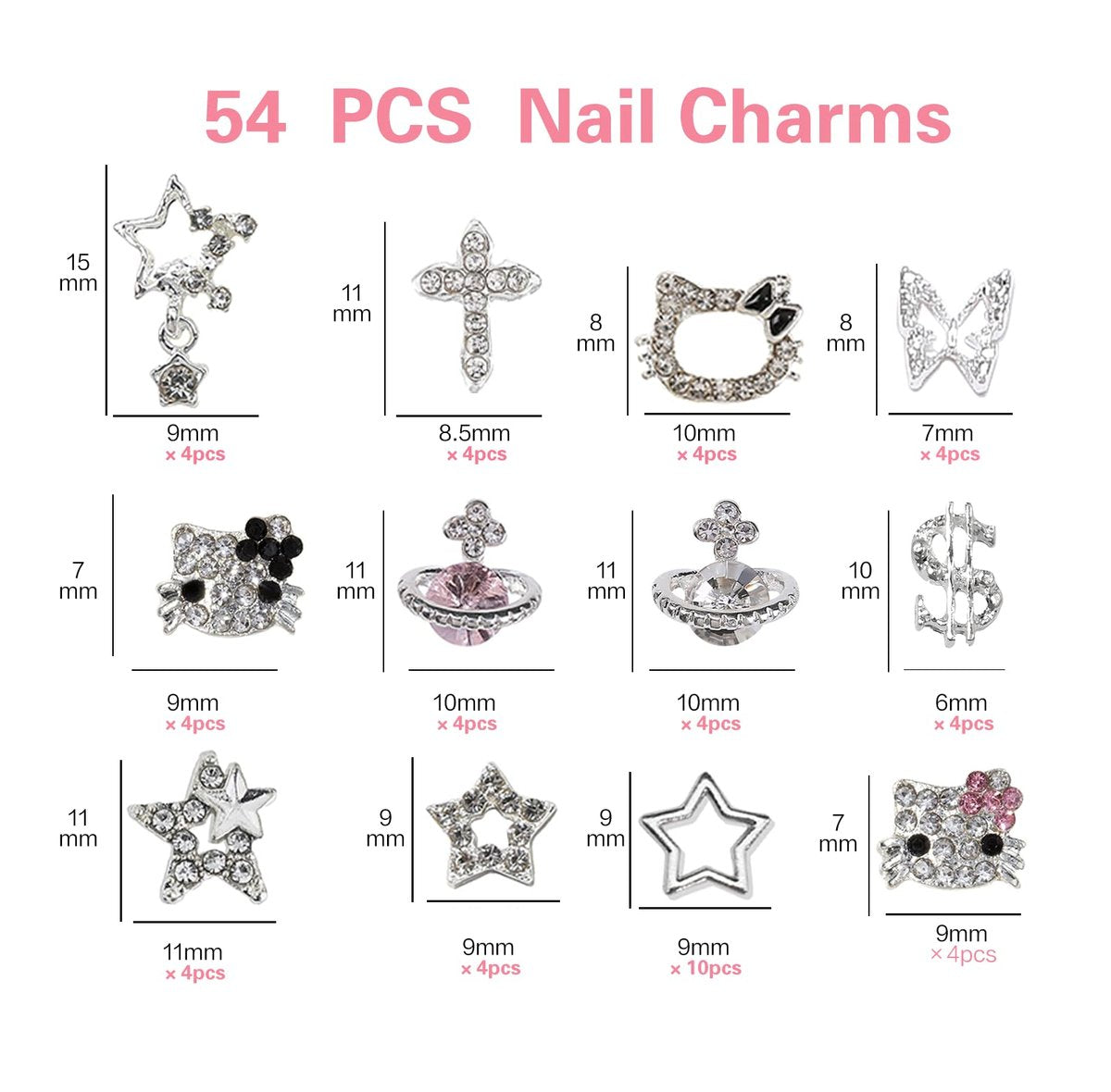 rythsans Y2K 56-Piece Silver Nail Charms - Rhinestone Nail Art Decorations - görsel 3