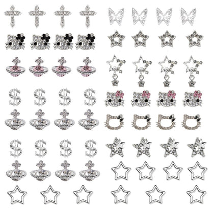 rythsans Y2K 56-Piece Silver Nail Charms - Rhinestone Nail Art Decorations