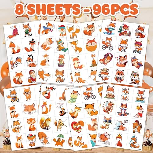 96PCS Cute Fox Temporary Tattoos Pre-Cut - Woodland Animals Birthday Party Decorations Favors, Farm Forest Foxes Fall Stickers for Kids Boys Girls Autumn Festival Theme - görsel 6