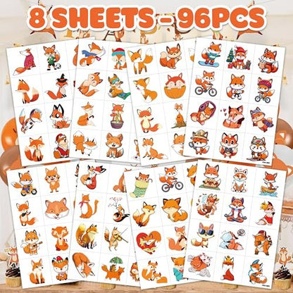 96PCS Cute Fox Temporary Tattoos Pre-Cut - Woodland Animals Birthday Party Decorations Favors, Farm Forest Foxes Fall Stickers for Kids Boys Girls Autumn Festival Theme
