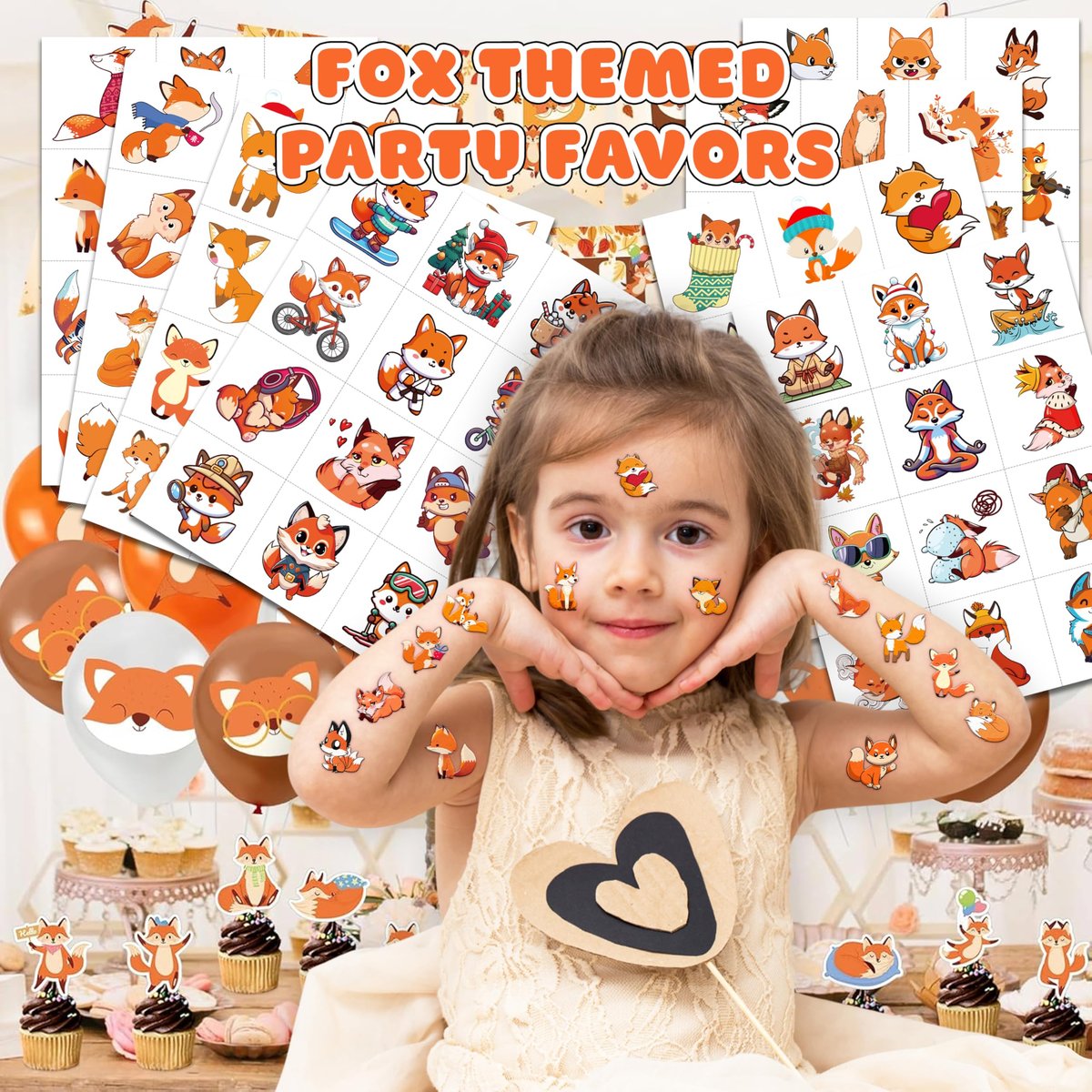 96PCS Cute Fox Temporary Tattoos Pre-Cut - Woodland Animals Birthday Party Decorations Favors, Farm Forest Foxes Fall Stickers for Kids Boys Girls Autumn Festival Theme - görsel 3