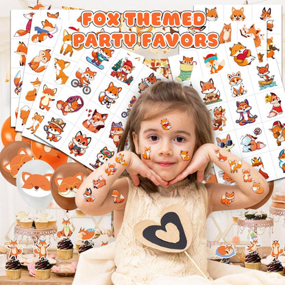 96PCS Cute Fox Temporary Tattoos Pre-Cut - Woodland Animals Birthday Party Decorations Favors, Farm Forest Foxes Fall Stickers for Kids Boys Girls Autumn Festival Theme