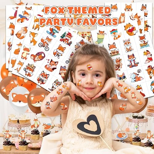 96PCS Cute Fox Temporary Tattoos Pre-Cut - Woodland Animals Birthday Party Decorations Favors, Farm Forest Foxes Fall Stickers for Kids Boys Girls Autumn Festival Theme - görsel 4
