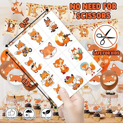 96PCS Cute Fox Temporary Tattoos Pre-Cut - Woodland Animals Birthday Party Decorations Favors, Farm Forest Foxes Fall Stickers for Kids Boys Girls Autumn Festival Theme