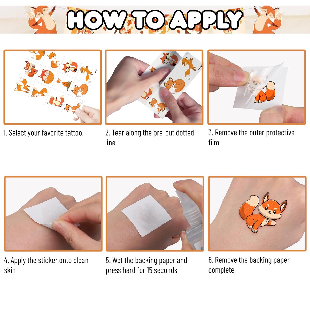 96PCS Cute Fox Temporary Tattoos Pre-Cut - Woodland Animals Birthday Party Decorations Favors, Farm Forest Foxes Fall Stickers for Kids Boys Girls Autumn Festival Theme - görsel 9