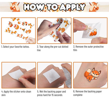 96PCS Cute Fox Temporary Tattoos Pre-Cut - Woodland Animals Birthday Party Decorations Favors, Farm Forest Foxes Fall Stickers for Kids Boys Girls Autumn Festival Theme