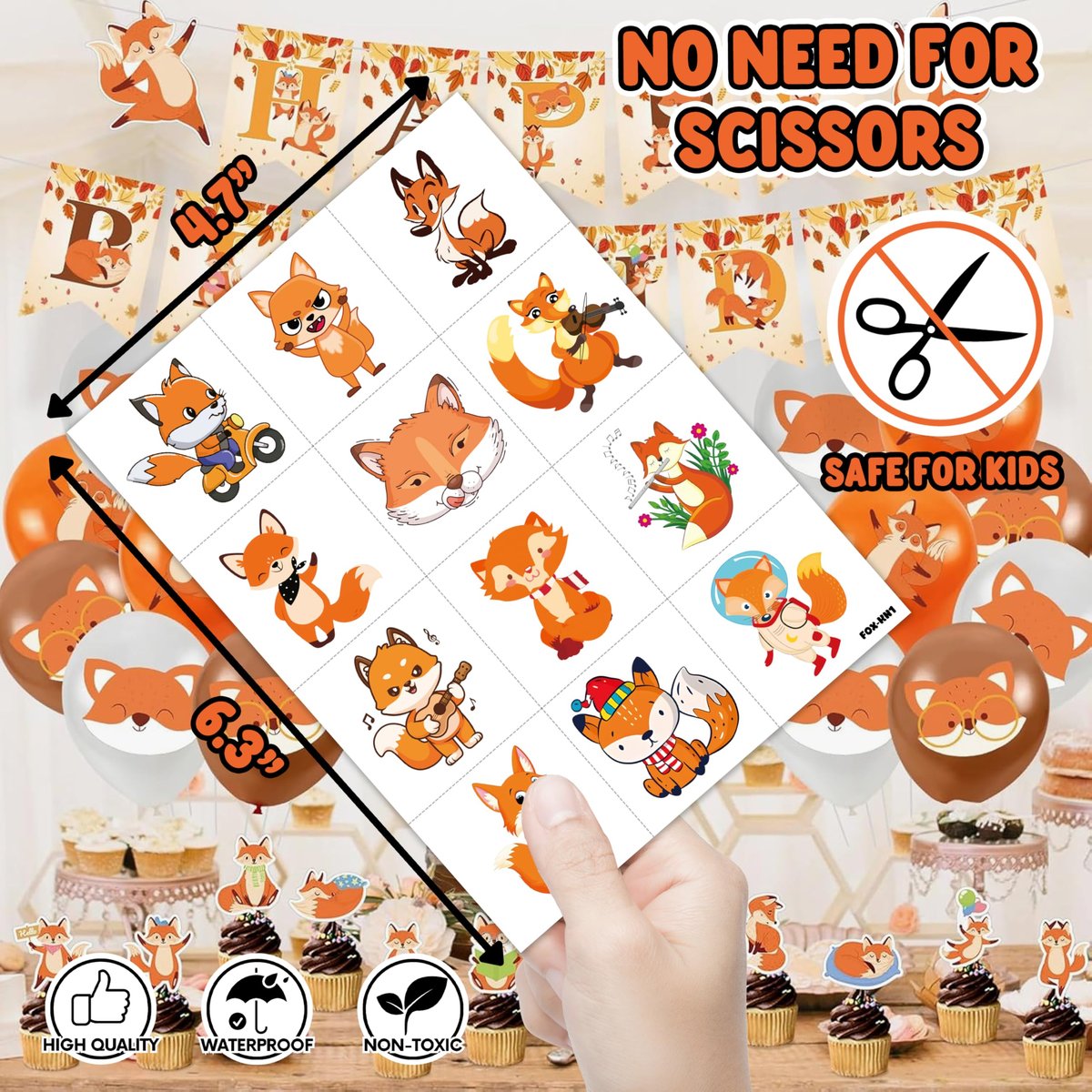 96PCS Cute Fox Temporary Tattoos Pre-Cut - Woodland Animals Birthday Party Decorations Favors, Farm Forest Foxes Fall Stickers for Kids Boys Girls Autumn Festival Theme - görsel 7