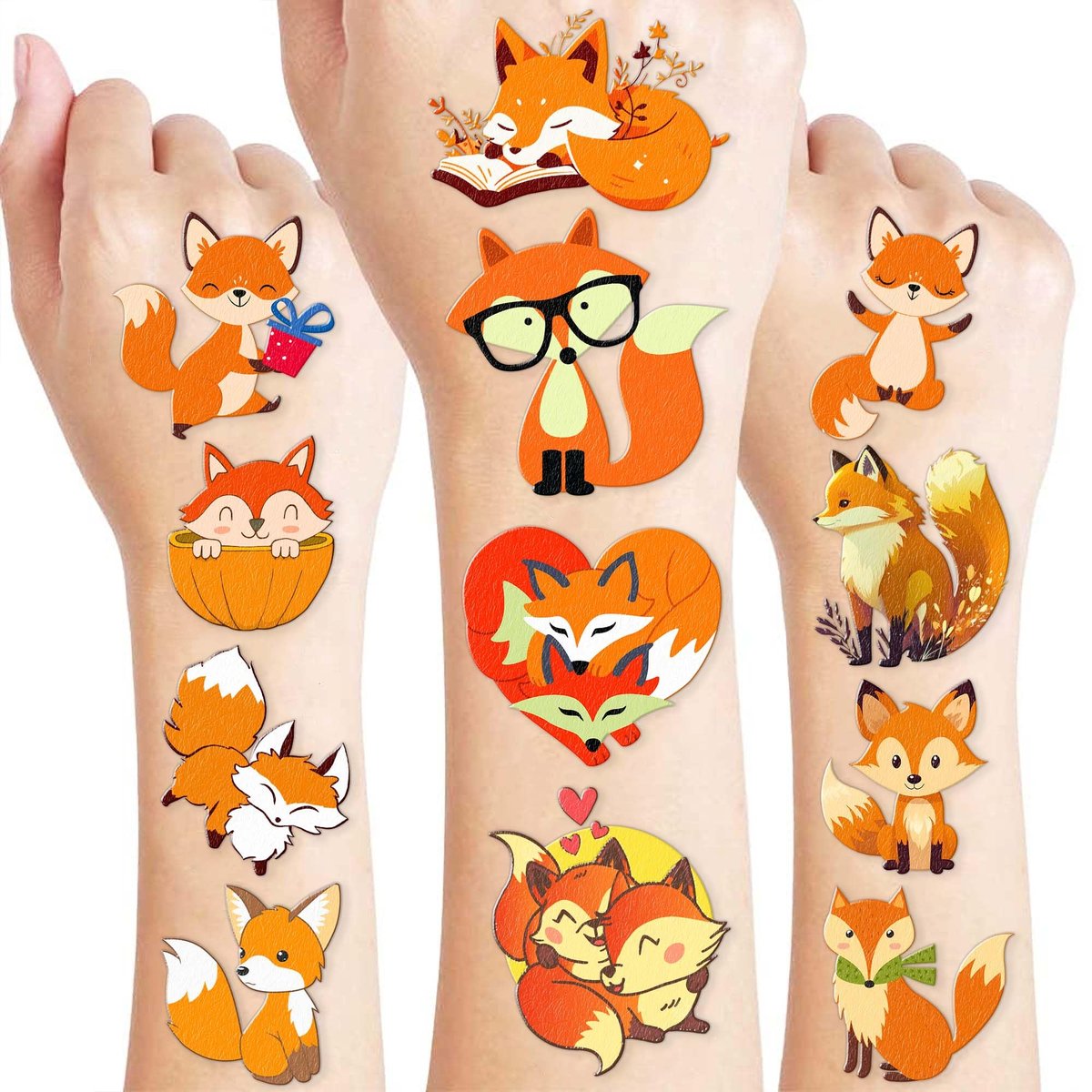 96PCS Cute Fox Temporary Tattoos Pre-Cut - Woodland Animals Birthday Party Decorations Favors, Farm Forest Foxes Fall Stickers for Kids Boys Girls Autumn Festival Theme - görsel 1
