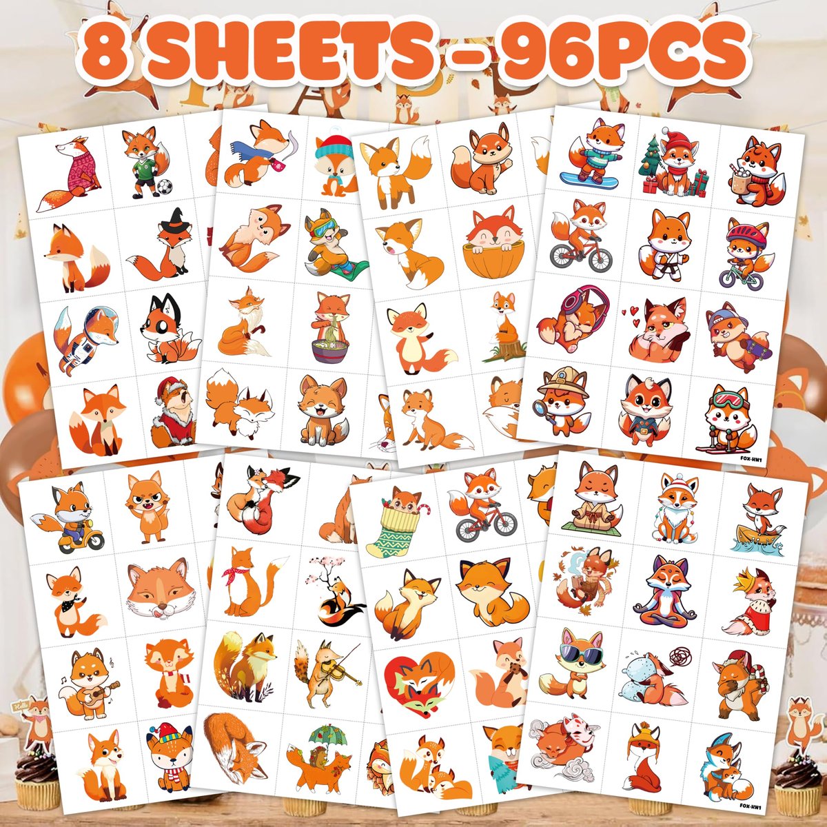 96PCS Cute Fox Temporary Tattoos Pre-Cut - Woodland Animals Birthday Party Decorations Favors, Farm Forest Foxes Fall Stickers for Kids Boys Girls Autumn Festival Theme - görsel 5