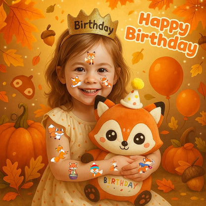 96PCS Cute Fox Temporary Tattoos Pre-Cut - Woodland Animals Birthday Party Decorations Favors, Farm Forest Foxes Fall Stickers for Kids Boys Girls Autumn Festival Theme