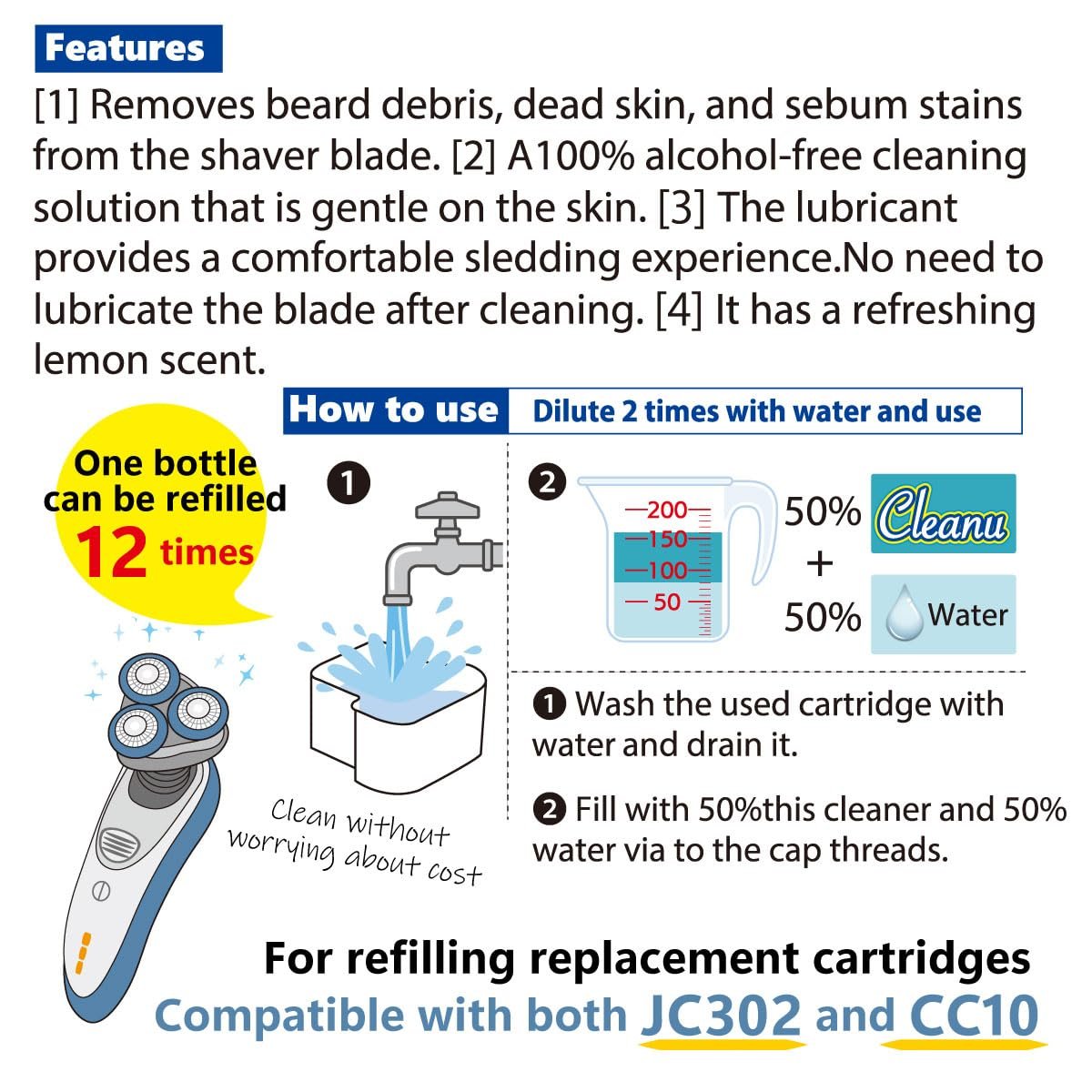 Cleanu 2X Concentrated Shaver Cleaning Solution Refill – Compatible with Philips Norelco SmartClean & Quick Clean Pod Systems – Makes Up to 12 Cartridge Refills, 1L (33.8 oz), Made in Japan Avelisse