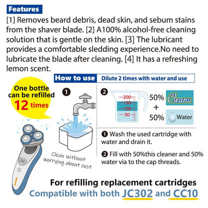 Cleanu 2X Concentrated Shaver Cleaning Solution Refill – Compatible with Philips Norelco SmartClean & Quick Clean Pod Systems – Makes Up to 12 Cartridge Refills, 1L (33.8 oz), Made in Japan Avelisse