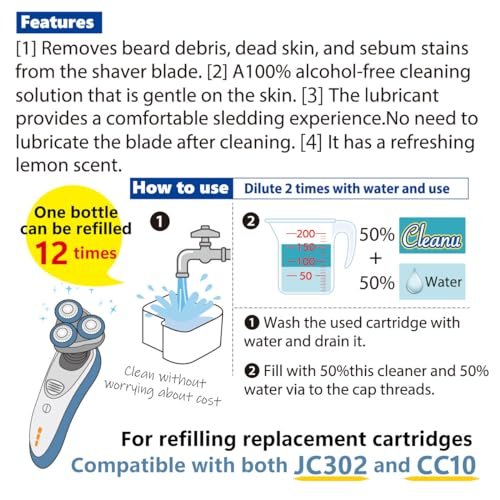 Cleanu 2X Concentrated Shaver Cleaning Solution Refill – Compatible with Philips Norelco SmartClean & Quick Clean Pod Systems – Makes Up to 12 Cartridge Refills, 1L (33.8 oz), Made in Japan Avelisse