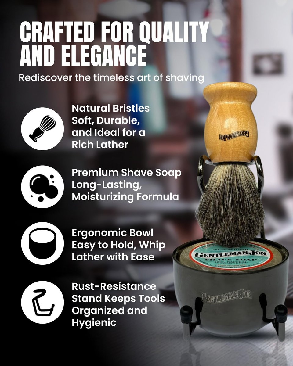 Gentleman Jon Complete Shaving Brush Kit – Vintage Wet Shave Set for Men with Brush, Bowl, Soap & Stand, Barber-Style 4-Piece Gift Set Avelisse