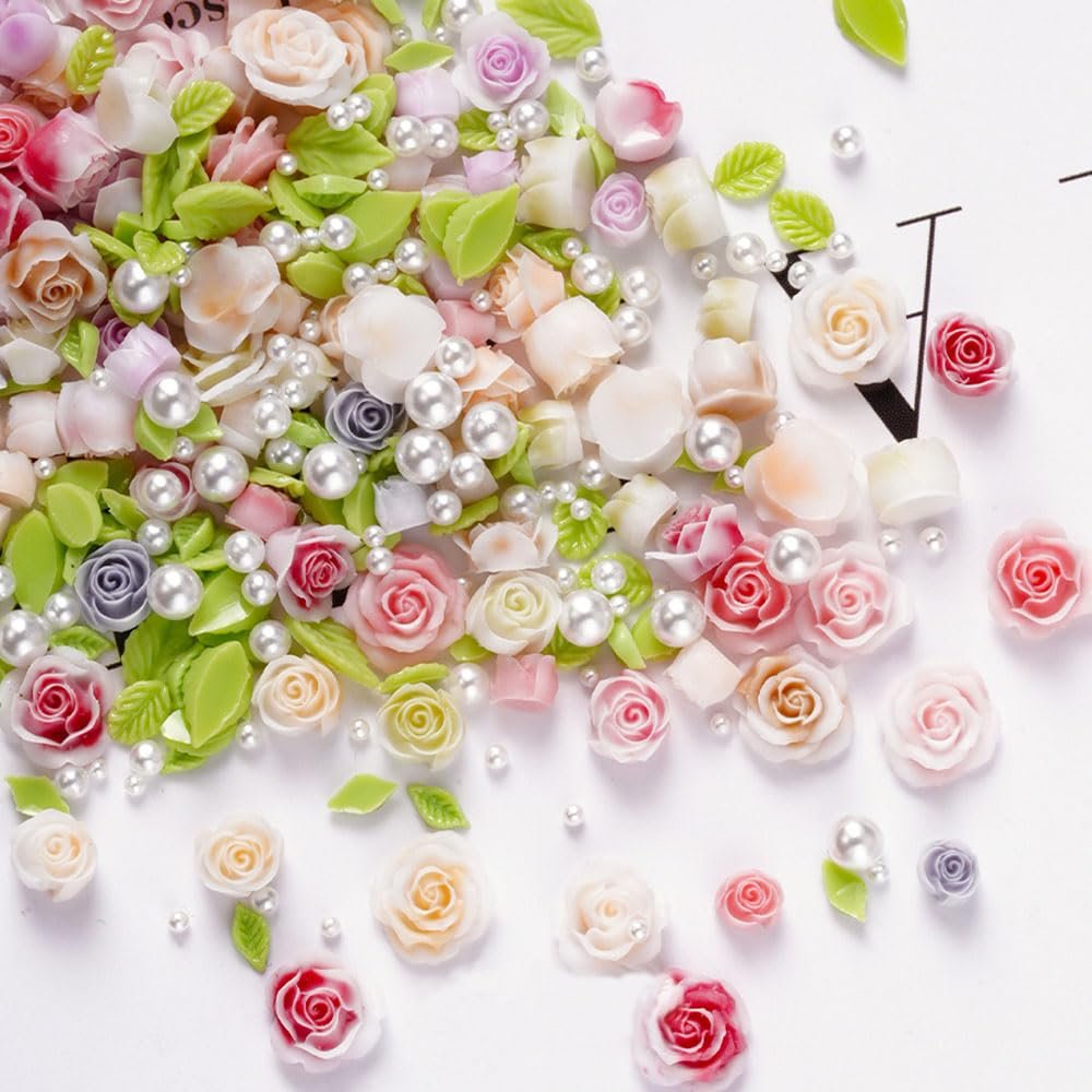 100pcs 3D Camellia Rose Flower Nail Art Charms with Pearls & Leaves - Colorful Resin Floral Charms for Nail Design - görsel 11