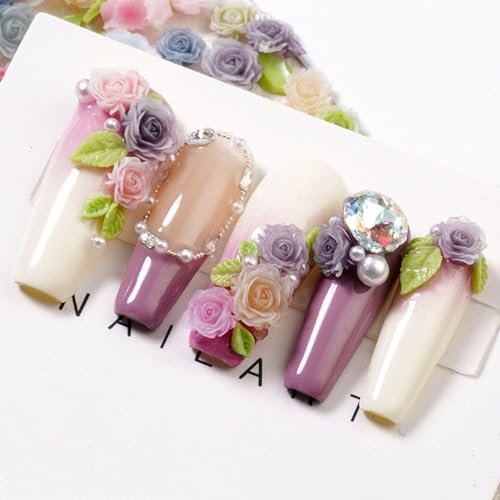 100pcs 3D Camellia Rose Flower Nail Art Charms with Pearls & Leaves - Colorful Resin Floral Charms for Nail Design - görsel 14