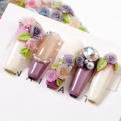 100pcs 3D Camellia Rose Flower Nail Art Charms with Pearls & Leaves - Colorful Resin Floral Charms for Nail Design