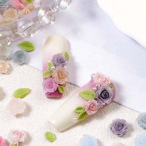 100pcs 3D Camellia Rose Flower Nail Art Charms with Pearls & Leaves - Colorful Resin Floral Charms for Nail Design - görsel 8