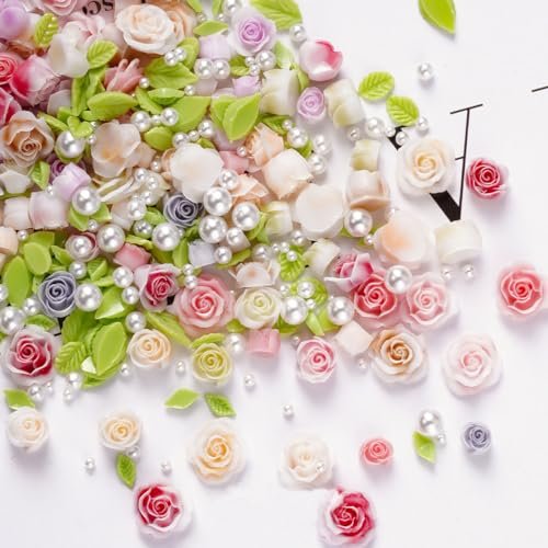 100pcs 3D Camellia Rose Flower Nail Art Charms with Pearls & Leaves - Colorful Resin Floral Charms for Nail Design - görsel 12