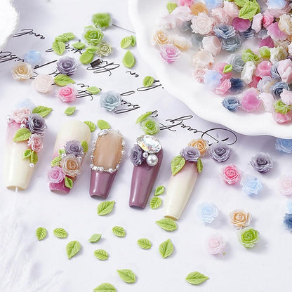 100pcs 3D Camellia Rose Flower Nail Art Charms with Pearls & Leaves - Colorful Resin Floral Charms for Nail Design
