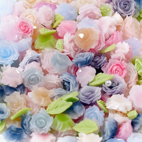 100pcs 3D Camellia Rose Flower Nail Art Charms with Pearls & Leaves - Colorful Resin Floral Charms for Nail Design - görsel 18