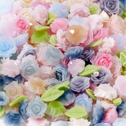 100pcs 3D Camellia Rose Flower Nail Art Charms with Pearls & Leaves - Colorful Resin Floral Charms for Nail Design