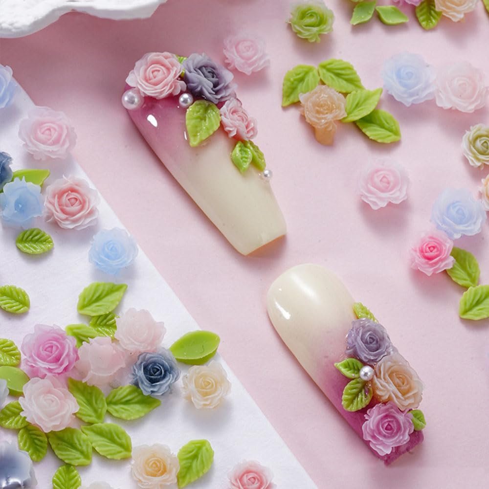 100pcs 3D Camellia Rose Flower Nail Art Charms with Pearls & Leaves - Colorful Resin Floral Charms for Nail Design - görsel 3