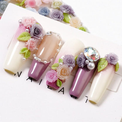 100pcs 3D Camellia Rose Flower Nail Art Charms with Pearls & Leaves - Colorful Resin Floral Charms for Nail Design