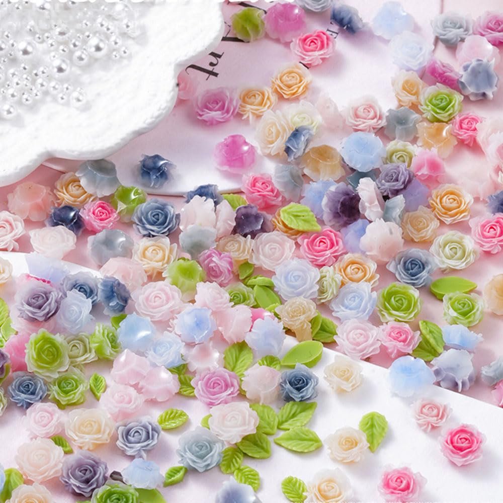 100pcs 3D Camellia Rose Flower Nail Art Charms with Pearls & Leaves - Colorful Resin Floral Charms for Nail Design - görsel 5