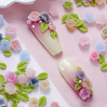 100pcs 3D Camellia Rose Flower Nail Art Charms with Pearls & Leaves - Colorful Resin Floral Charms for Nail Design