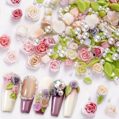 100pcs 3D Camellia Rose Flower Nail Art Charms with Pearls & Leaves - Colorful Resin Floral Charms for Nail Design