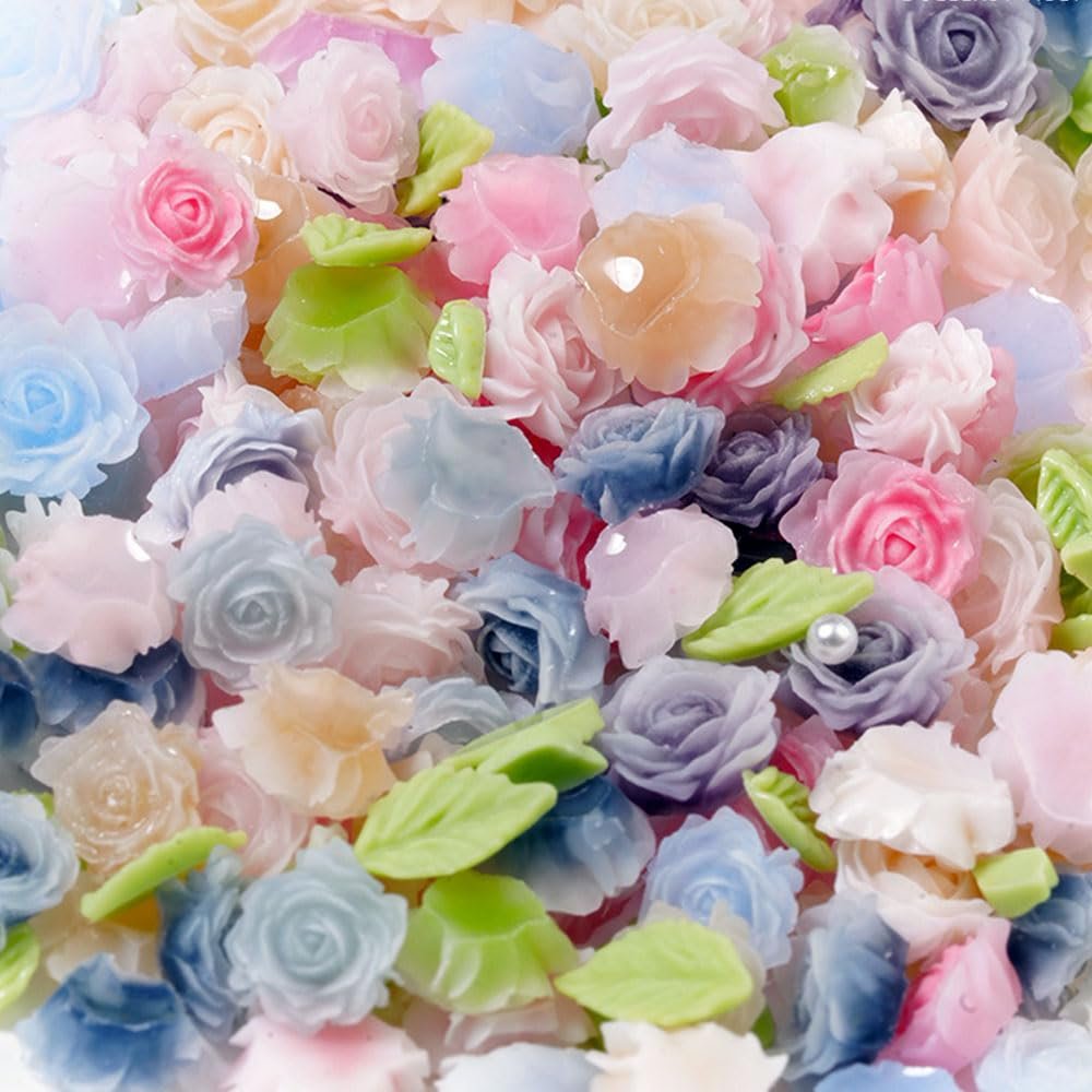 100pcs 3D Camellia Rose Flower Nail Art Charms with Pearls & Leaves - Colorful Resin Floral Charms for Nail Design - görsel 17