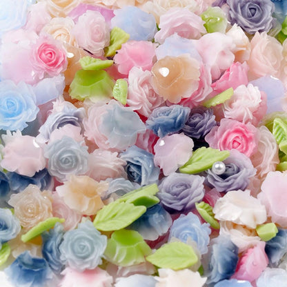 100pcs 3D Camellia Rose Flower Nail Art Charms with Pearls & Leaves - Colorful Resin Floral Charms for Nail Design