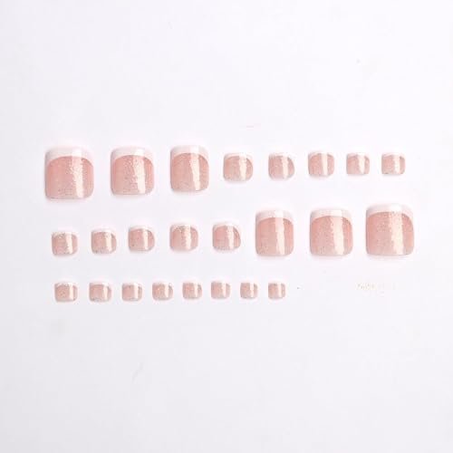 24PCS White French Tip Press on Toenails Short Square Natural Nude Glitter Fake Toenails Acrylic Toe Nails - Classic Seamless Fit Summer Glue on Toe Nails for Women - görsel 12
