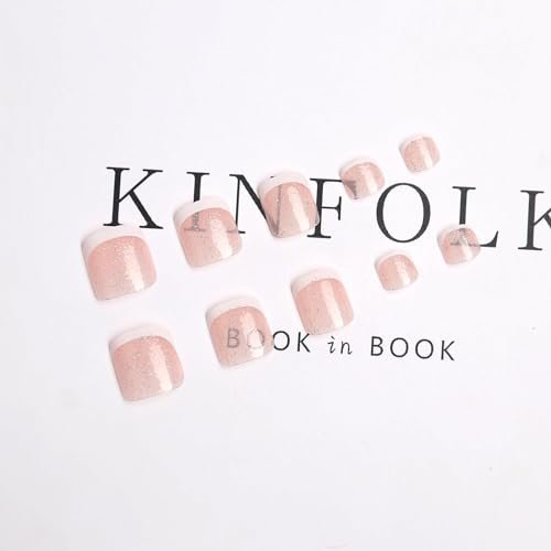 24PCS White French Tip Press on Toenails Short Square Natural Nude Glitter Fake Toenails Acrylic Toe Nails - Classic Seamless Fit Summer Glue on Toe Nails for Women - görsel 10