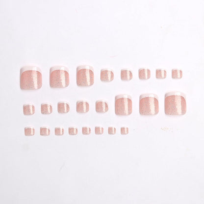 24PCS White French Tip Press on Toenails Short Square Natural Nude Glitter Fake Toenails Acrylic Toe Nails - Classic Seamless Fit Summer Glue on Toe Nails for Women