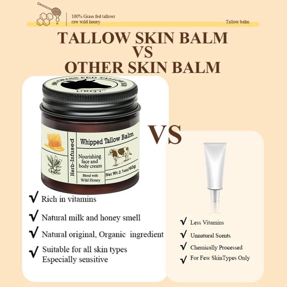 URQT Organic Grass-Fed Whipped Beef Tallow and Honey Balm - Deeply Moisturizing Face & Body Moisturizer for Soft, Supple Skin - görsel 13