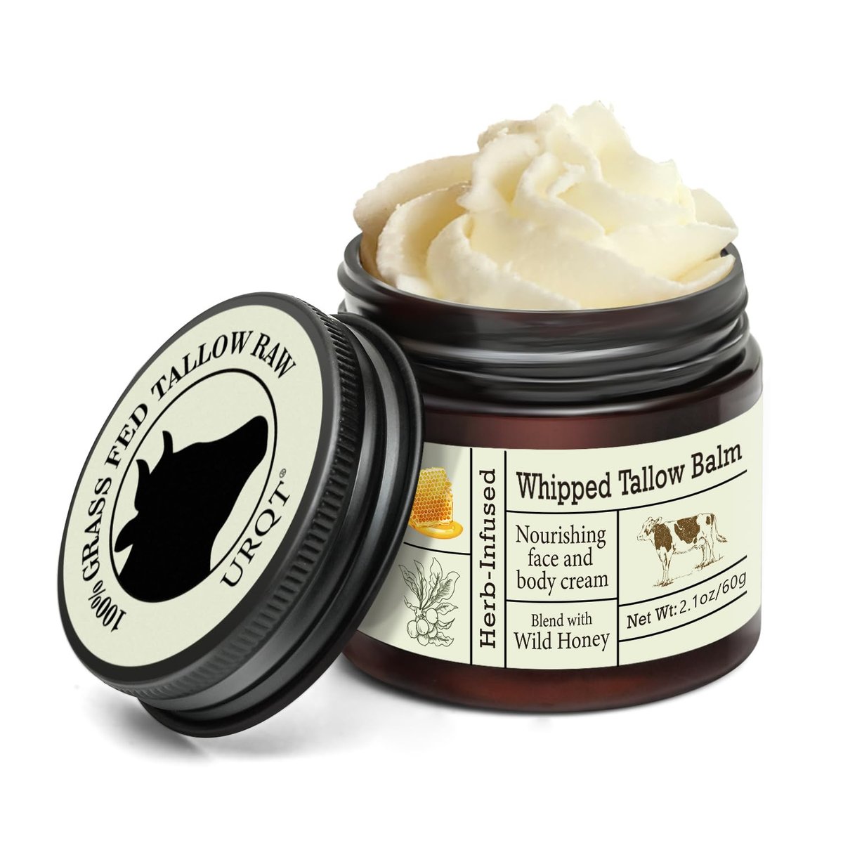 URQT Organic Grass-Fed Whipped Beef Tallow and Honey Balm - Deeply Moisturizing Face & Body Moisturizer for Soft, Supple Skin - görsel 1