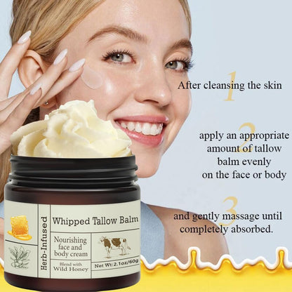 URQT Organic Grass-Fed Whipped Beef Tallow and Honey Balm - Deeply Moisturizing Face & Body Moisturizer for Soft, Supple Skin