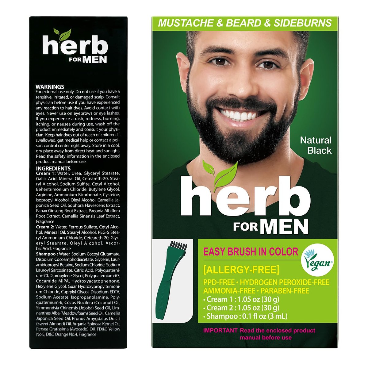 Herb Speedy Mustache & Beard Dye - Nature Black, PPD-Free, Ammonia-Free, Vegan, Gentle for Sensitive Skin (1 Pack, 2.12 Fl Oz) Avelisse