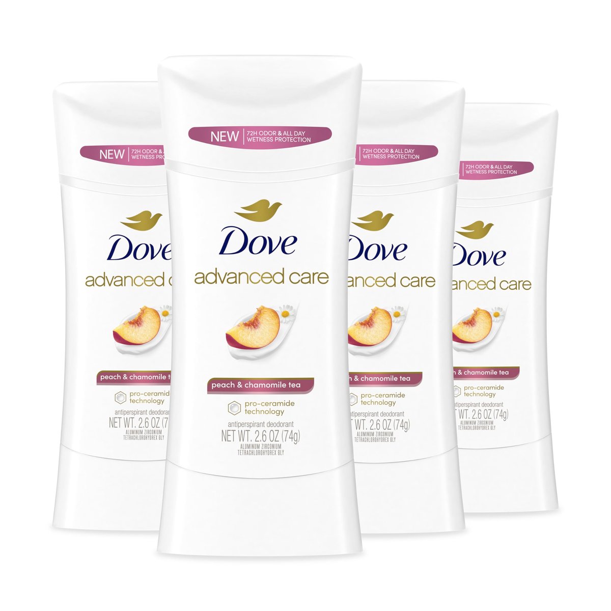 Dove Advanced Care Antiperspirant Deodorant Stick, Peach & Chamomile Tea, 2.6 oz (Pack of 4) Avelisse