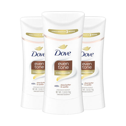 Dove Antiperspirant Deodorant Stick Even Tone Shea Butter & Vanilla (Pack of 3) – 48H Odor & Sweat Protection, Skin Restoration with Niacinamide, Visible Results in 3 Weeks, 2.6 oz Each