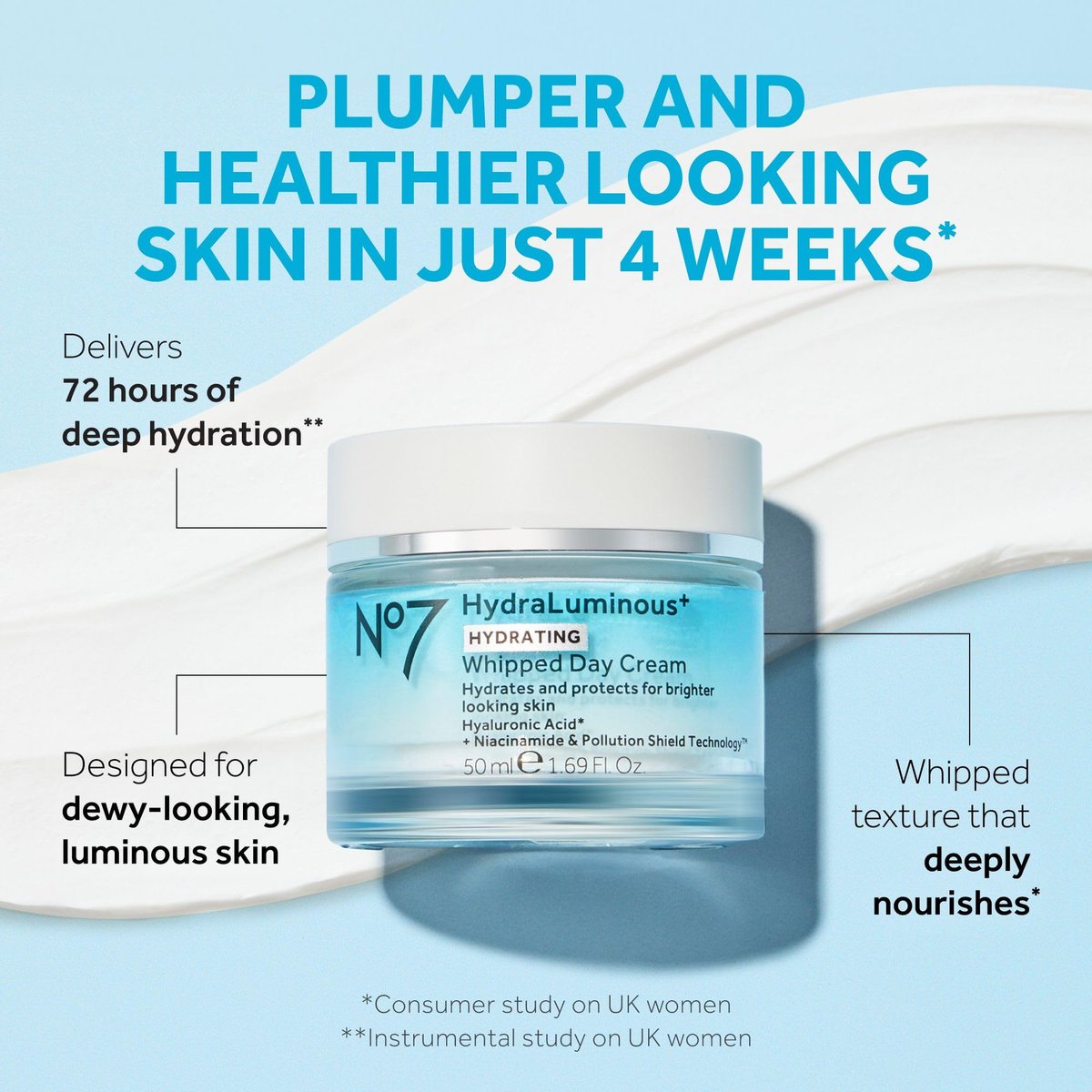 No7 HydraLuminous+ Hydrating Whipped Day Cream - Hyaluronic Acid & Niacinamide Moisturizer for Skin Barrier Repair, 1.69 oz Avelisse
