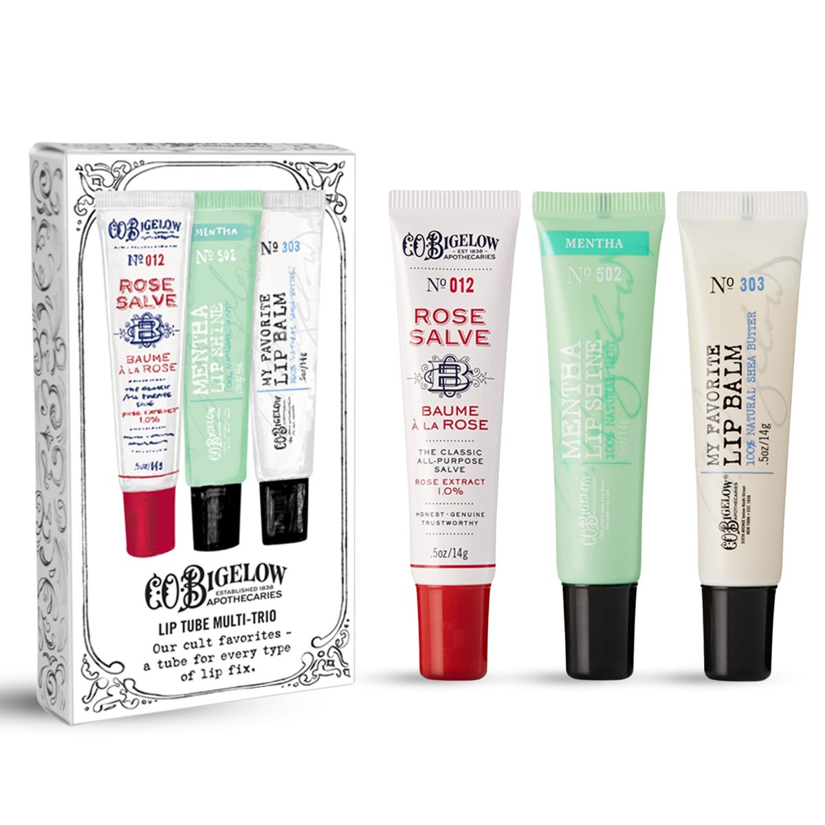 C.O. Bigelow Assorted Lip Balm Tubes Trio: Rose Salve, My Favorite Lip Balm & Mentha Shine (Pack of 3, 0.5 oz Each) Avelisse